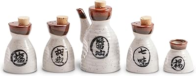 Takada Ware Ceramic Condiment Container Set of 5 | Traditional Japanese Pottery | Soy Sauce Dispenser, Salt Shaker, Pepper Shaker, Shichimi Spice Shaker, Toothpick Holder | Folk Craft Tableware Gift