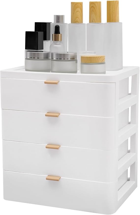 Desk Organizer with 4 Drawers White Plastic Desk Storage Box Desktop Drawers Organizer Storage Drawer for Home Office Make Up Craft Supplies