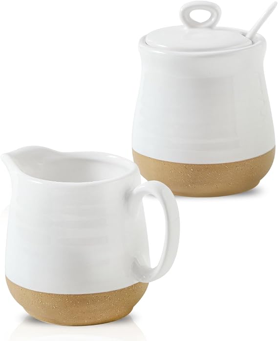 Ceramic Sugar and Creamer Container Set of 3,10 Ounce Cream Pitcher,11 Ounce Sugar Bowl with Lid and Spoon,Farmhouse Coffee Bar Accessories Set for Serving,Microwave & Dishwasher Safe,White