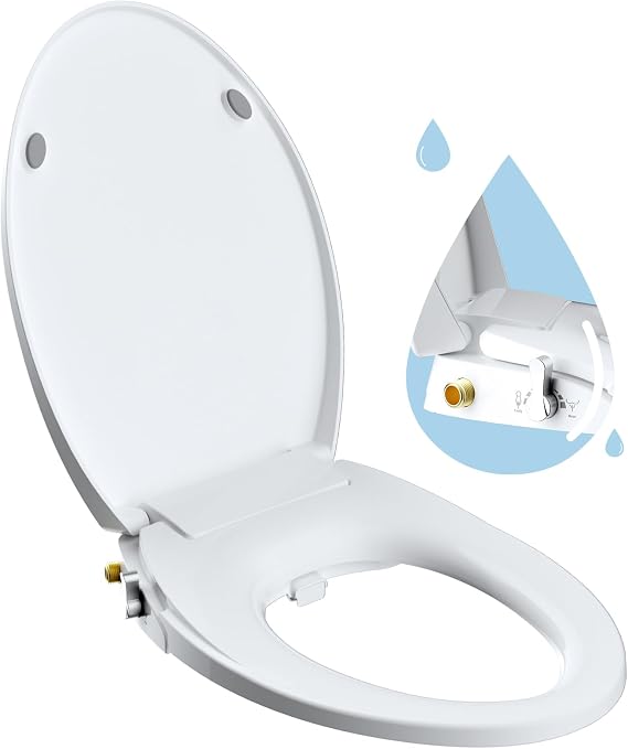 Hibbent Elongated Bidet Toilet Seat with Slow Close, Non-Electric Bidet Attachment for Toilet Seat with Dual Nozzle, Bidet Sprayer with Adjustable Self-Cleaning Nozzles, Brass T Adapter
