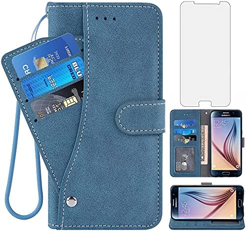 Asuwish Compatible with Samsung Galaxy S6 Wallet Case and Tempered Glass Screen Protector Flip Card Holder Stand Cell Accessories Phone Cover for Glaxay S 6 Gaxaly 6s Galaxies GS6 SM-G920V G920A Blue