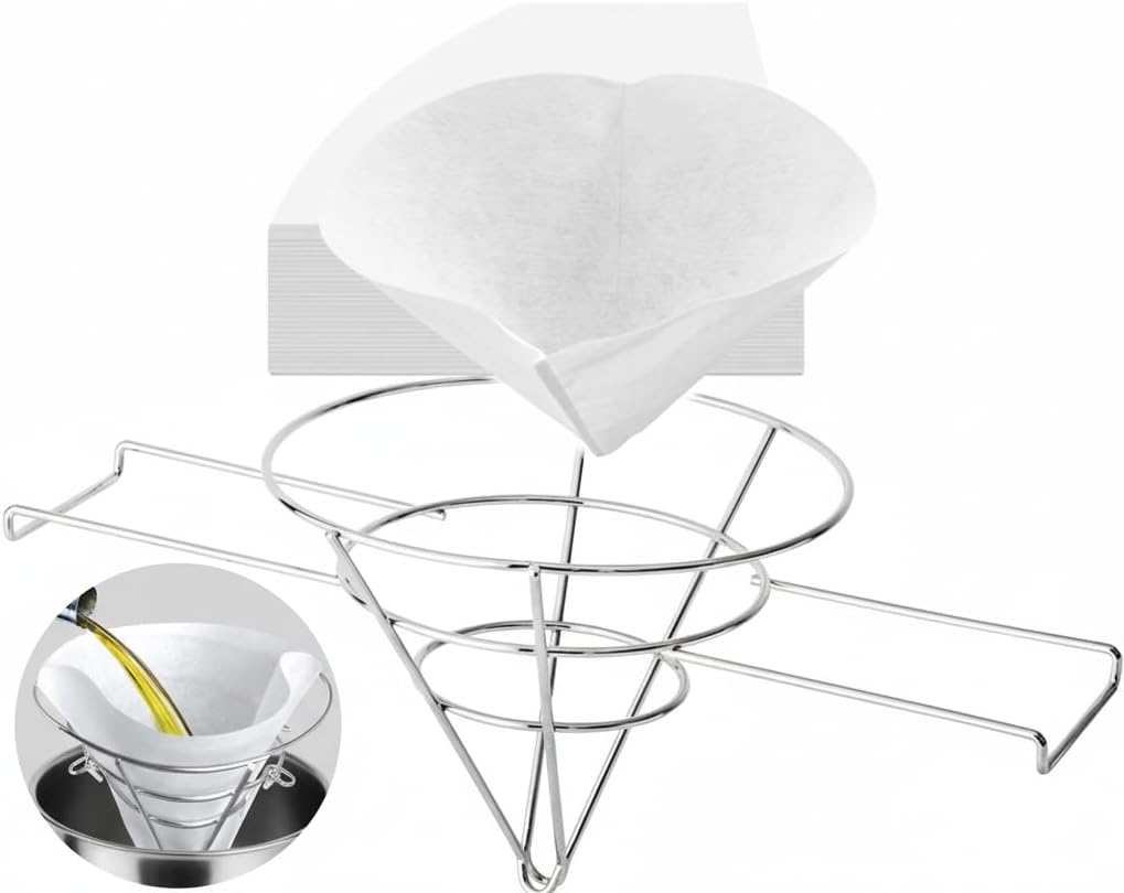 (100 Filters) Commercial Deep Fryer Oil Filter Paper Cones, 100 Count, with 10 inch Chrome-Plated Steel Filter Holder Stand, Cooking Oil Filters Non-Woven Premium Cones
