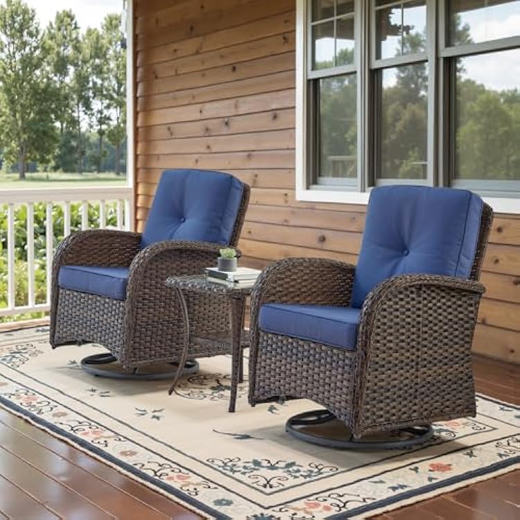 Belord Patio Wicker Chairs Swivel Rocker - Outdoor Swivel Rocking Chairs Set of 2 with Rattan Side Table, Patio Swivel Glider Chair 3 Piece Patio Furniture Sets for Deck Porch Pool BrownBlue