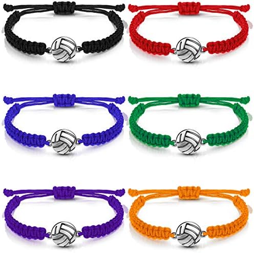Yaomiao 6 Pieces Volleyball Charm Bracelets Adjustable Volleyball Bracelet Jewelry for Volleyball Sports Player Black, Blue, Green, Orange, Purple, Red
