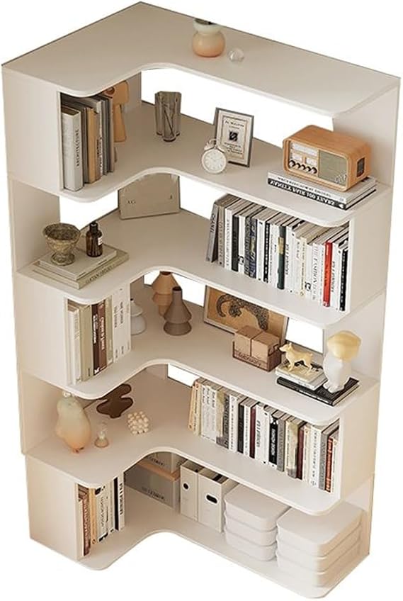 Vertical Wall Corner Shelf with Open Back 6-Shelf Wood Corner Bookshelf Floor Book Rack Multi-Layer Storage Shelf Against the Wall Bookcase White 35" L x 24" W x 63" H