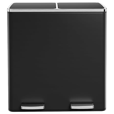 60L(16 Gal) Dual Trash Can, Stainless Steel Kitchen Garbage Can | Double Compartment Classified Rubbish Bin, Recycle Dustbin w/Plastic Inner Buckets, Soft-Close Lid, Airtight, Black