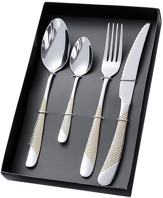 Cutlery Flatware Cutlery Set, 4/16/24/32/40/48 Pieces Stainless Steel Cutlery Set Steak Knife Fork Spoon Handle Gift Box,Gold-4 Pieces for 1