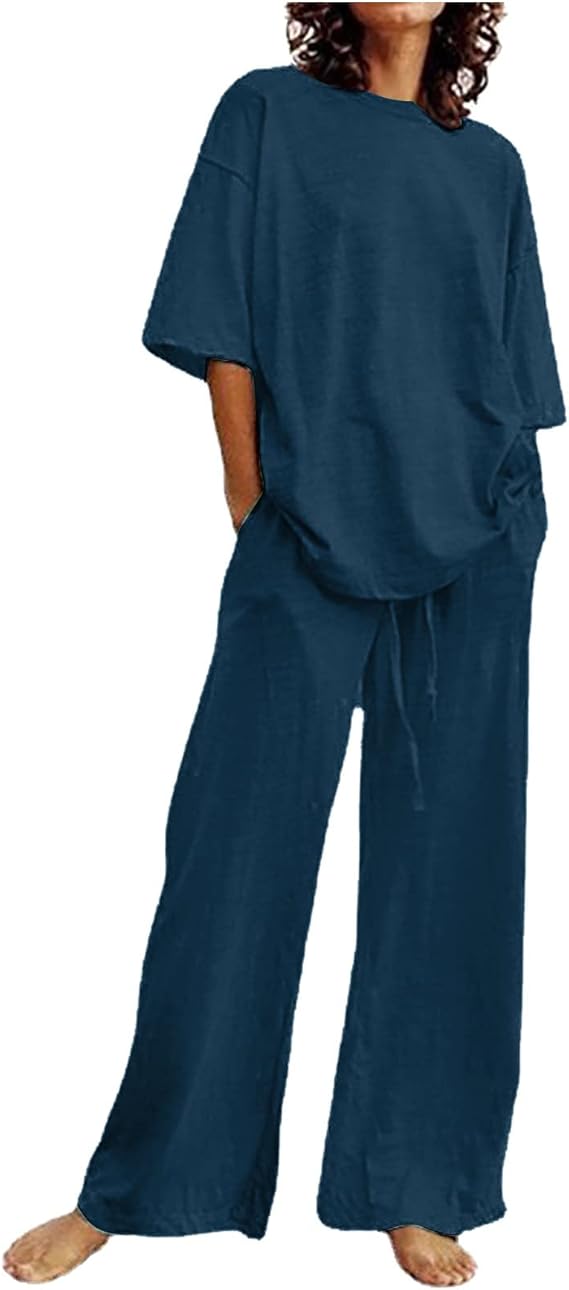 Linen Sets for Women 2 Piece Casual Summer Dressy Business Work Suits Streetwear Button Down Tops and Pants Suit