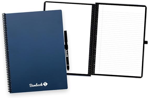 BAMBOOK Colourful Reusable Notebook - Navy - A4 - Blank - Reusable Notebook, Rewritable Notebook, Dry Erase Board Notebook, Whiteboard Notebook, Erasable Notebook - Includes Free Pen App