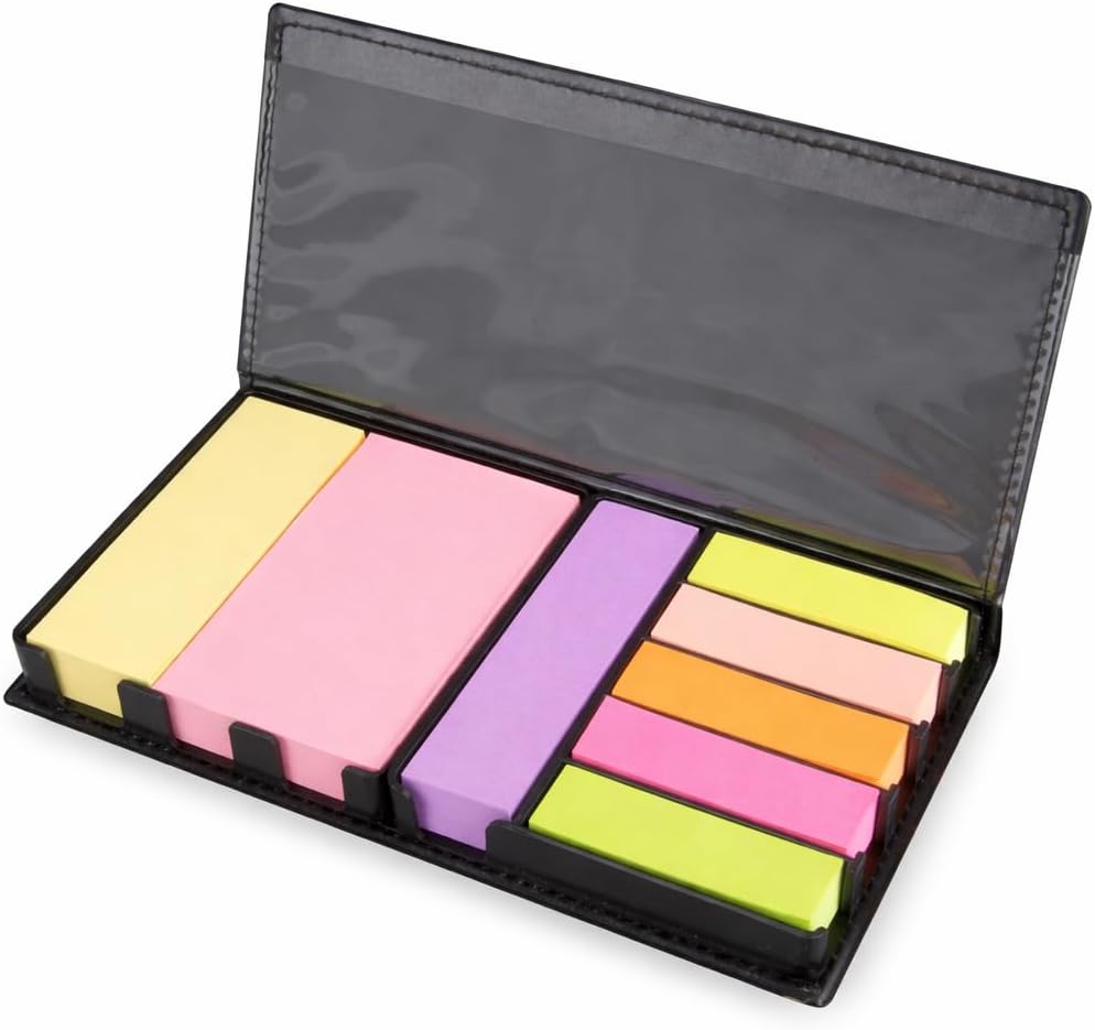 1000pcs Sticky Memo Notes Holder with Index Tab Flags in Leather Like Case, Colourful Removable Adhesive Memo Pads for Office, Home & School Use Package May Vary