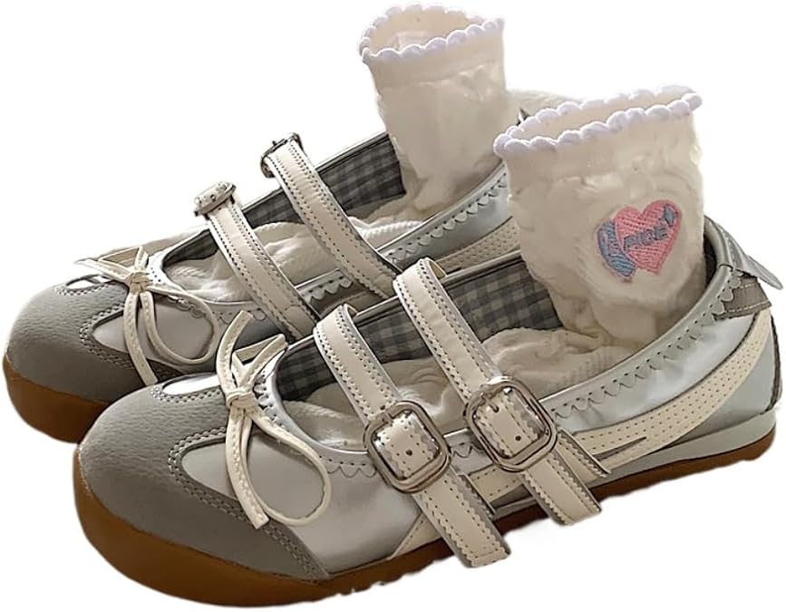 Ballet Sneakers for Women Bow Round Toe Sneakerina Comfort Wear Shoes Mary Jane Flat Sandals Cute Y2K Retro Kawaii Elegant Office Dressy Fashion Trendy Tennis Trainers Spring Summer Fall Outdoors