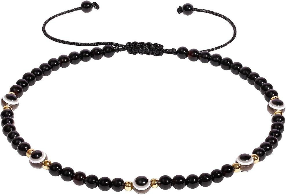 4mm Agate Beaded Anklet Evil Eye Protection Beach Foot Jewelry | Ankle Bracelets for Women, Protection Stones, Handmade, Sliding Knot Closure, Adjustable, 8.5-10 inches, Vacation, Party