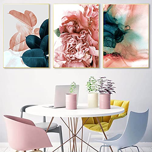 Abstract Pink Flower Wall Art Pink and Green Leaf Print Pink Flower Canvas Art Pink Peony Flowers Canvas Pink Floral Poster for Wall Peony Wall Art Print for Living Room Decor 20x28inchx3 No Framed