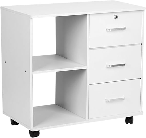 3 Drawer Wood File Cabinet with Lock Modern White Mobile Horizontal Filing Cabinet Organizer Printer Stand with Open Storage Shelf for Home Office Bedroom Organization White