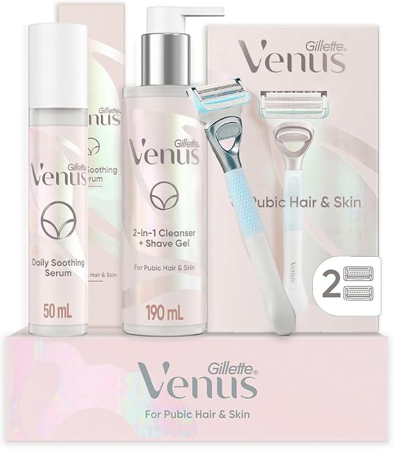Gillette Venus Shaving Set for Pubic Hair and Skin, 1 Venus Handle, 2 Razor Blades, 2 in 1 Cleanser and Shaving Gel for Women, 190 ml, Soothing Serum for Intimate Care 50 ml