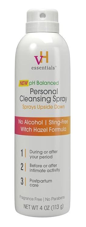 vH Essentials Personal Cleansing Spray, pH Balanced, 4 fl oz | Lactic Acid, Peppermint, Witch Hazel Formula, Sting-Free, Fragrance-Free, Paraben-Free, Sprays Upside Down
