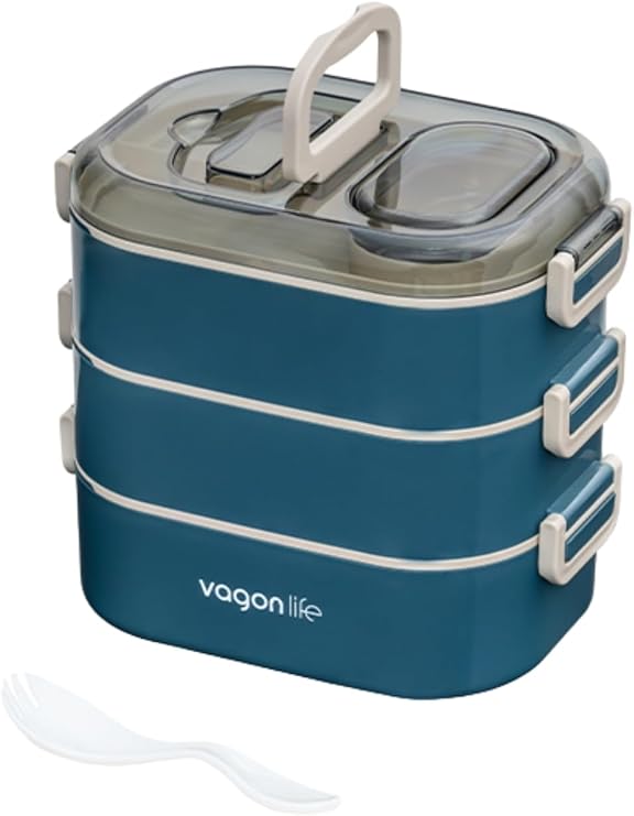 Vagonlife Bento 1450ml Lunchbox Üç Katlı 5 Bölmeli ve Mini Sosluklu Çelik Sefer Tası Yemek Kutusu (Lacivert)