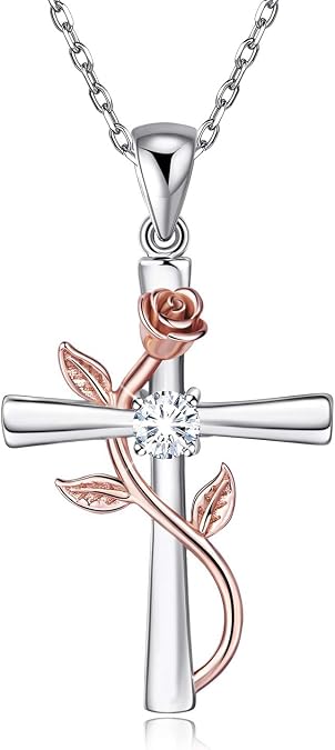 BlingGem Cross Necklace for Women Sterling Silver Cross Necklaces Pendant White/Rose/Gold Plated Cubic Zirconia Flower Necklace Gifts for Women