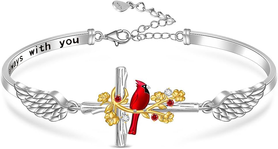 Fenthring Cardinal Bracelet S925 Sterling Silver Cross Heart Bracelets for Women Red Cardinal Appear When Angels are Near Memorial Sympathy Bangle Jewelry Charms Mothers Day Gifts