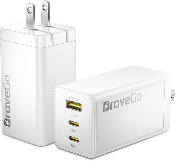 65W GaN Charger Block, Compact 3-Port Fast Charging Wall Adapter | Lightweight Travel Plug for iPhone 15/14/13/12 Series, iPad Pro, MacBook Air, Samsung Devices and AirPods