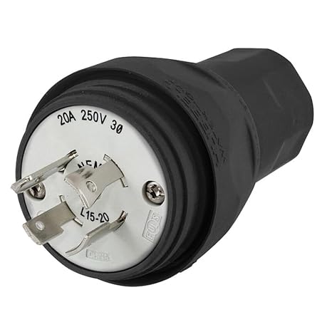 Watertight Devices, Twist-Lock Plug, 20A, 3 Phase 250V AC, 3 Pole, 4 Wire, Thermoplastic elastomer, NEMA L15-20P, Black