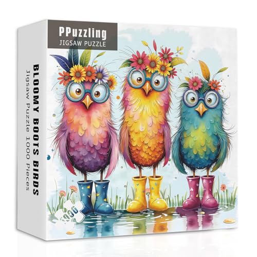 Colorful Bird Puzzles for Adults 1000 Pieces, Funny Flower Owls with Boots Jigsaw Puzzle, Whimsical Floral Owl Puzzle