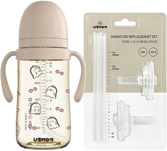 UBMOM No-spill, Backflow prevention Sippy Cup with Straw, PPSU Learner Cup for Baby and Toddlers, BPA free, 9.47oz (Dino_Choco) with Replaceable 2 Straw Nipple & 2 Straw