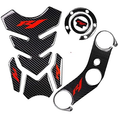 5D Real Carbon, Motorcycle Gas Tank Protector, Tank Pad Sticker, Tank Cap, Fuel Cap Decal, Top Clamp Triple Tree Pad with Keychain for R1, 4 Pcs Per Set