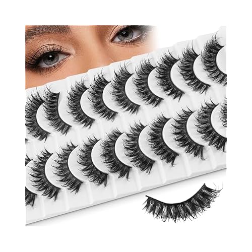 10 Pairs Wispy Lashes Wet Natural Look D Curl False Eyelashes Fluffy Cat Eye Lashes 3D Volume Fake Eyelash Pack Faux Mink Lashes Extension Party Halloween Cosplay Makeup