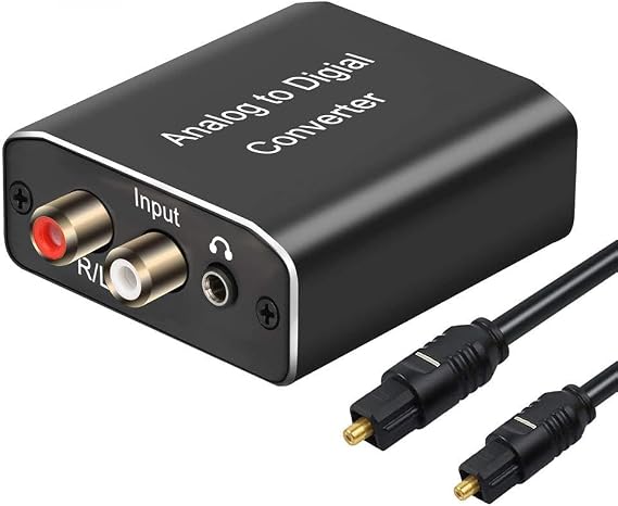 Analog to Digital Audio Converter ADC RCA L/R and 3.5mm Jack Analog to Digital Optical Coaxial Audio Adapter Support Stereo LPCM CH2.0 with Toslink Cable and Power Adapter