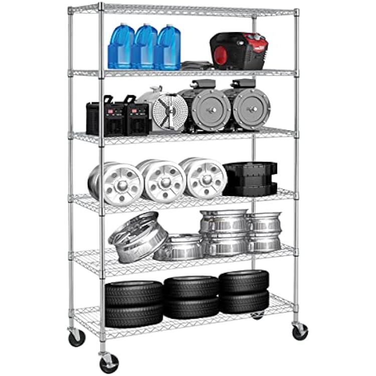 6-Tier Heavy Duty Wire Shelving Unit - 6000lb Capacity, Adjustable NSF Metal Storage Rack with Wheels, 48 L18 W78 H for Garage, Pantry, Kitchen - Chrome