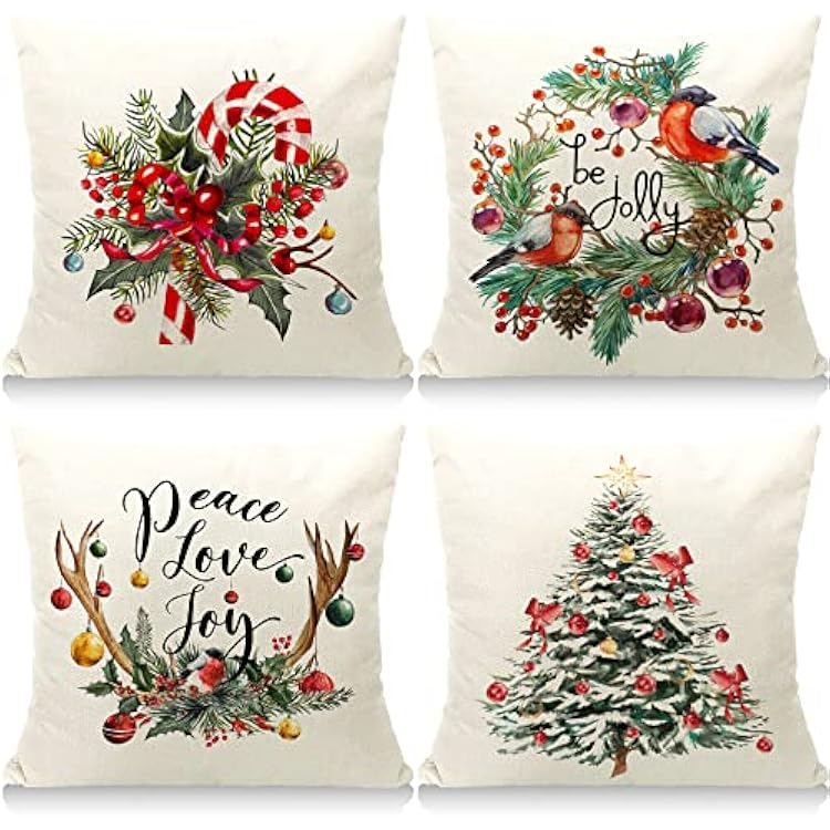 Farmhouse Cotton Linen Christmas Throw Pillow Covers - Set of 4, 18x18, Decorations