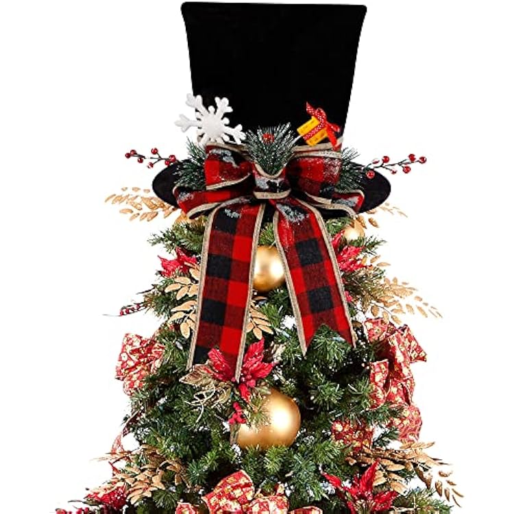yofit Christmas Tree Topper Hat, Black Velvet Hat with Red Buffalo Plaid Bow Red Berry Snowflake, Christmas Tree Decorations Top Hat, Desktop Ornaments for Home Holiday Winter Decor