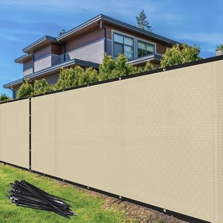 TANG 6 x 12 Privacy Fence Screen Beige Shade Cloth with Grommets, Chain Link Fence Panels Outdoor Mesh Fabric Fencing, Balcony Windscreen Cover,Temporary Garden Fencing for Yard Deck Pool