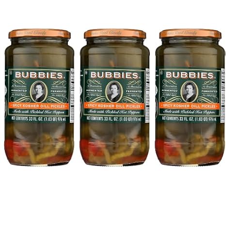 Bubbies Spicy Kosher Dill Pickles, Naturally Fermented, No Preservatives, Gluten-Free, No Added Sugar, Refrigerated, Crunchy & Probiotic-Rich Pickles, 33 Fl Oz Jars (Pack of 3)