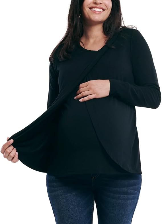 Motherhood Maternity Women's Long Sleeve Scoop Neck Tulip Nursing Tee Shirt for Breastfeeding with Easy Access
