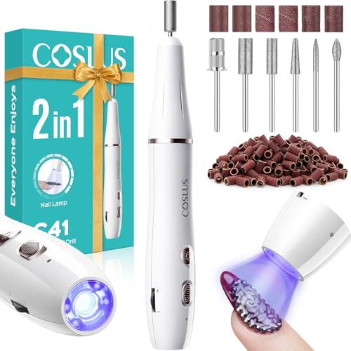 COSLUS Cordless Nail Drill Electric C41END04: 2-in-1 Nail File with Flash Cure for Acrylic Gel Dip Powder Nails, Stepless Control for Beginner Home DIY, Portable & Professional Pedicure Kit