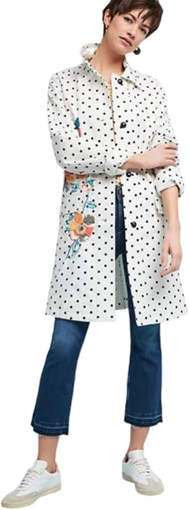 Anthropologie Polka Dot Floral White Button Front Cotton Longline Peacoat Jacket S/M