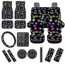 Colorful Paw Print 17 Pcs Car Accessories Set,Auto Seat Covers Full Set Steering Wheel Cover Seat Belt Pads Armrest Wrap Foot Mats Coaster Key Holder for SUV