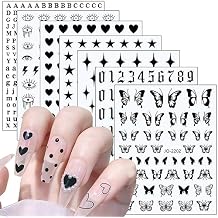 7 Sheets Red Nail Art Stickers, 3D Geometry Nail Transfer Decals, Butterfly Heart Letters Numbers Stars Eyes Nail Self-Adhesive Sticker Design for Women Girls Manicure Charms Decorations
