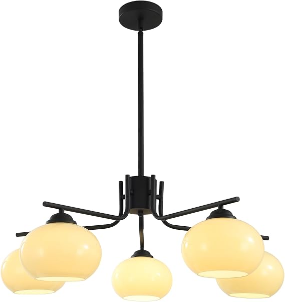 KCO Lighting Black Glass Globe Chandelier Minimalist Modern Sputnik Chandelier 5 Light Industrial Semi Flush Mount Ceiling Lights Mid Century Modern Bubble Chandelier for Stair Kitchen Bedroom