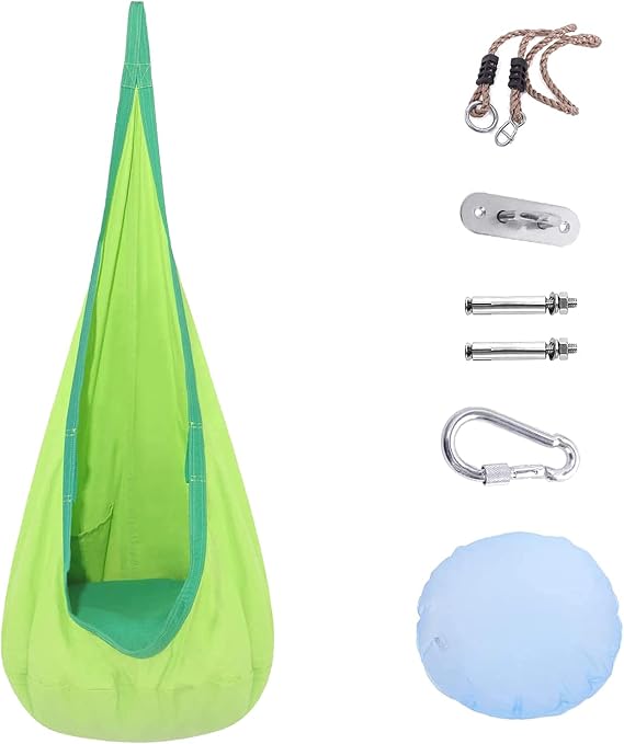 TOPIND Kids Hanging Pod Swing Chair,Child Hammock Chair for Indoor and Outdoor,Swing Chair with Inflatable Pillow and All Accessories Easy to Hang Comfortable Nest,Girls and Boys(Green)
