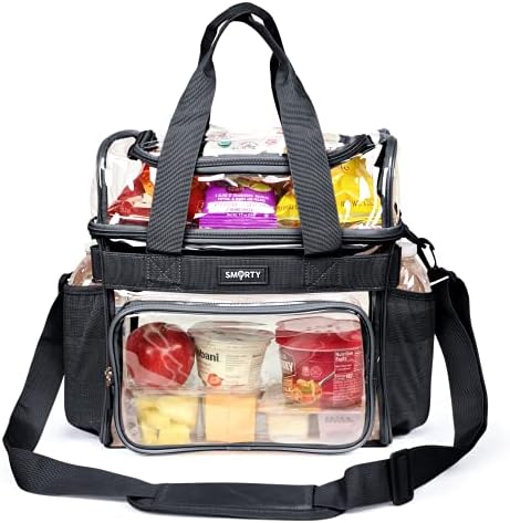 SMARTY Work Approved XL Heavy Duty Clear Lunch Box Shoulder Tote Bag Durable Transparent Security Check Men Women Travel Correctional Officers - Not Stadium Size Extra Large Bold Black, 13 x 7 x 12