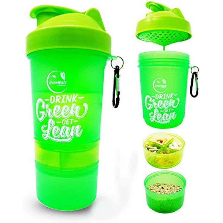 GreeNatr Shaker Bottle with Stackable Compartments - 22 Ounce Bottle  Pill Organizer  2 Storage Compartments