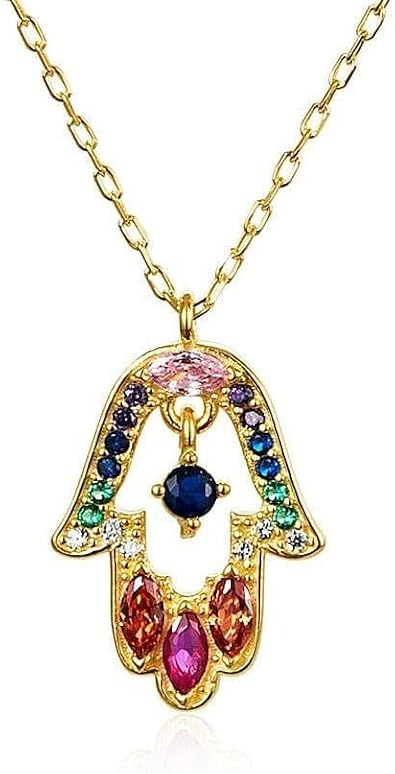 14k Gold Plated Sterling Silver 925 Colorful CZ Hamsa Necklace Multicolor Cubic Zirconia Hamsa Hand Pendant Jewish Judaica Women Bat Mitzvah Hanukkah Birthday Anniversary Joyful Gift