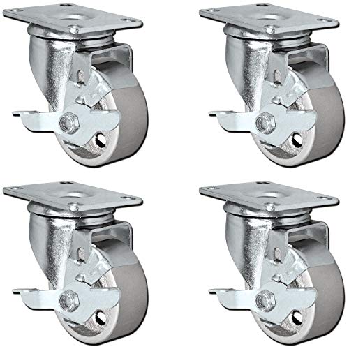 Set of 4 All Steel Swivel Plate Caster Wheels with Brakes Locking - Heavy Duty High-Gauge Steel Gray Iron Metal Wheels 3 Combo - CasterHQ Brand