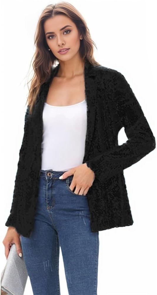 Sequins Womens Open Front Cardigan Sparkly Blazers Coat Jacket Business Casual Christmas Outfits