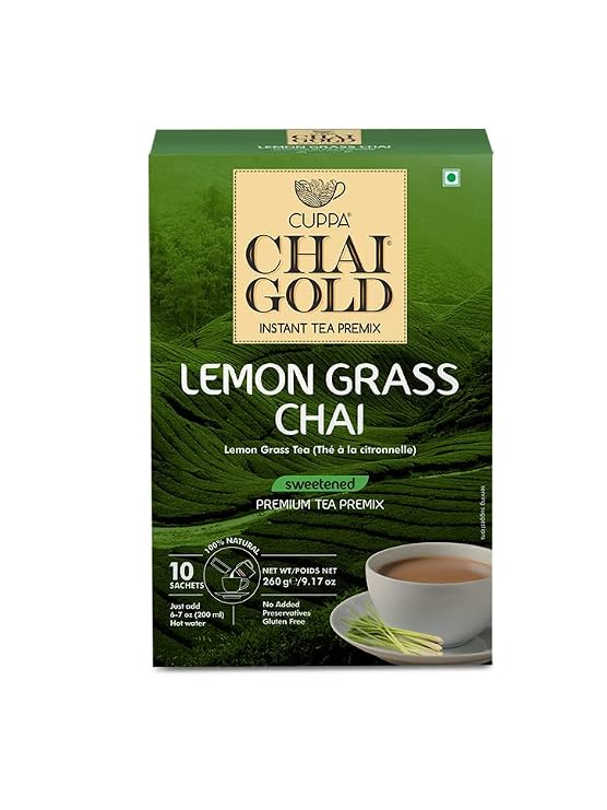 Instant Chai Latte Lemongrass Tea by Chai Gold - Premium, Gluten-Free, Real Natural Cane sugar Perfect for Home, Travel, Parties, and Camping - Tasty Authentic Indian Chai Sweetened (Pack of 1)