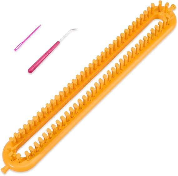 Hobbspring Knitting Loom Set Rectangular Knitting Board Loom Plastic Darning Needle Crochet Yellow Scarf Looms Long Hats Shawl Making Tool DIY Yarn Weaving Kits for Women Adults Beginners 13.9x2in