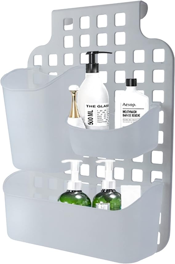 Cabinet Door Organiser Single Basket Plastic, No Drill Plastic Bathroom Shelf, Non-Rusting Storage Shelves, Shower Accessory for Bathroom Organisation Shelf, Shower Basket Organizer (White/Clear)